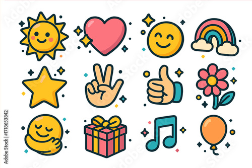 Colorful Positivity Icons. Positivity. Colorful isometric vector icons set of positivity: smiling sun, sparkling heart, happy face, rainbow, star with glow,