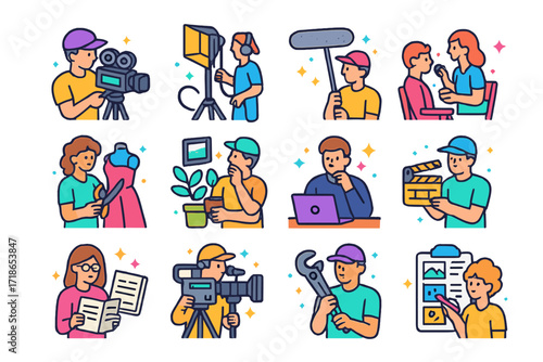 Movie Crew Icons. Colorful isometric vector icons set of movie production crew: cinematographer, gaffer, sound engineer, makeup