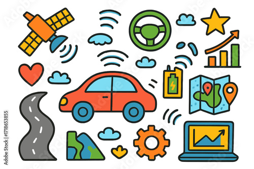 Colorful Autonomous Vehicles Doodle. Autonomous vehicles. Colorful Hand-drawn doodle Children illustration self-driving car, steering wheel, radar, satellite,