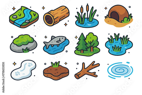 Colorful Mink Habitat Icons. Colorful isometric vector icons set of mink habitat: riverbank, hollow log, reeds, burrow entrance,