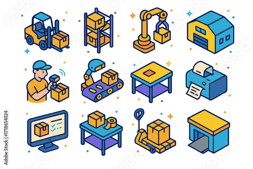 Warehouse Icon Set. Colorful isometric vector icons set of warehouse and fulfillment centers: forklift moving box, tall storage