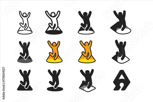 Dynamic Jump Logo. Set Logo of Jumping for Joy: energetic jump in spotlight. Logo set in vector style, emblematic variations. line, bold thick line, solid