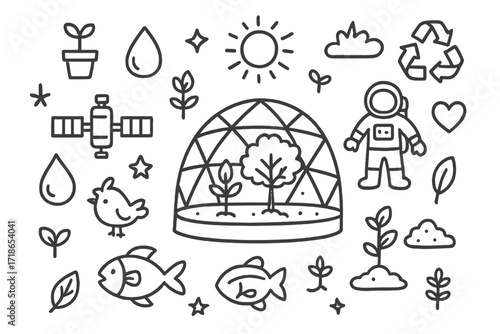 Space Habitat Doodle. Hand-drawn doodle illustration Space habitat ecosystem [space station, dome, plant, tree, water droplet, fish, bird, astronaut, sun,