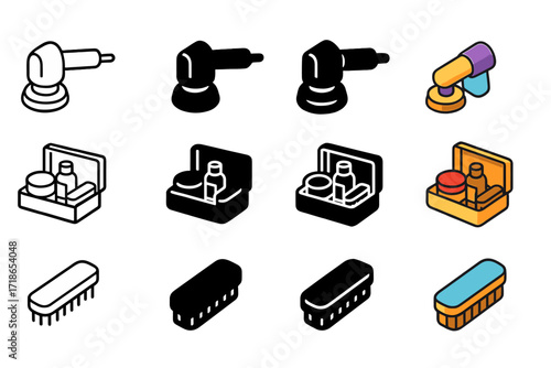 Shoe Care Icon Set. Icon Set of Polishing Shoes Professional Tools: Electric polisher, Shoe care kit, Suede brush. Icons set in vector style, emblematic