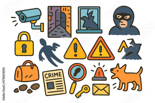 City's Hidden Threats. Colorful Hand-drawn doodle Children illustration Hidden threat in the city CCTV camera, shady alley, broken window, masked figure,