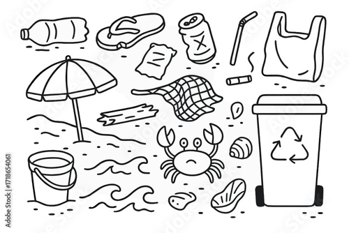 Beach Plastic Waste. Hand-drawn doodle illustration plastic waste on beach plastic bottle, broken flip-flop, soda can, food