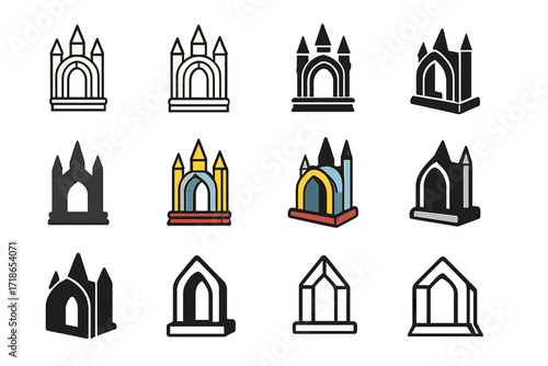 Gothic Altar Logos. Set Logo of Church Altar: Gothic-style altar. Logo set in vector style, emblematic variations. line, bold thick line, solid black filled,