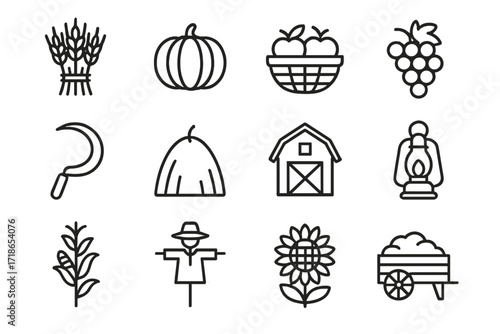 Harvest Traditions Icons. Harvest traditions. Line icon set of harvest traditions: wheat bundle, pumpkin, apple basket, grapes, sickle, haystack, barn,