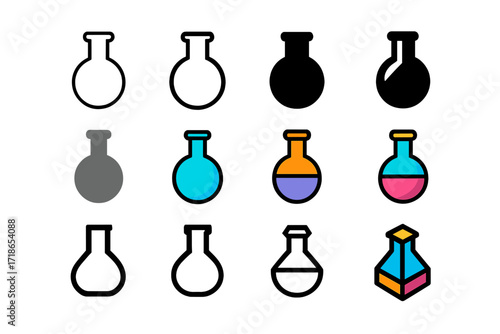 Flask Logo Variations. Set Logo of Flasks: Round-bottom boiling flask. Logo set in vector style, emblematic variations. line, bold thick line, solid black