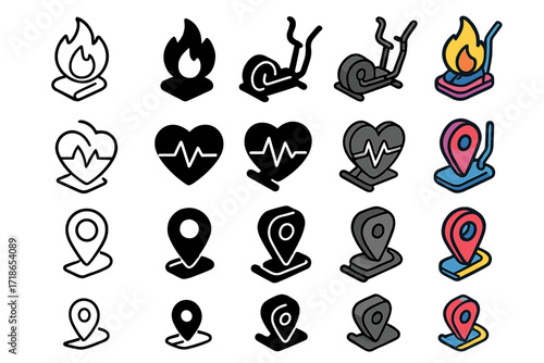 Elliptical Machine Icons. Icon Set of Elliptical Machine Health Tracking: Calorie counter, Pulse chart, Distance tracker. Icons set in vector style, emblematic