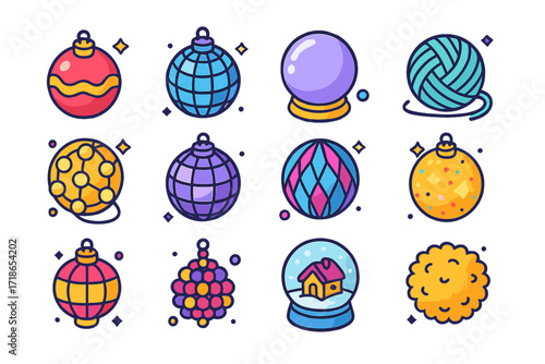 Colorful Ball Icons. Colorful isometric vector icons set of decorative balls: Christmas ornament ball, disco ball, crystal ball,