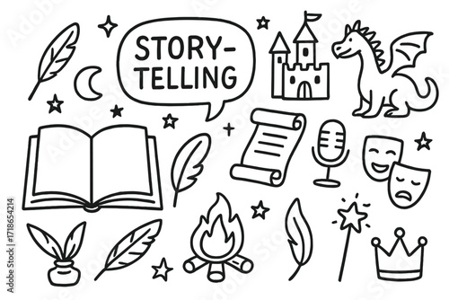 Storytelling Symbols Doodle. Storytelling. Hand-drawn doodle illustration storytelling open book, quill, speech bubble, stars, moon, castle, dragon, scroll,