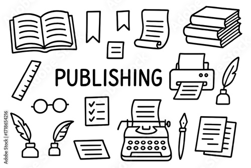 Publishing Tools Doodle. Publishing. Hand-drawn doodle illustration open book, stack of books, printer, typewriter, scroll, ink pen, paper sheets, ruler,