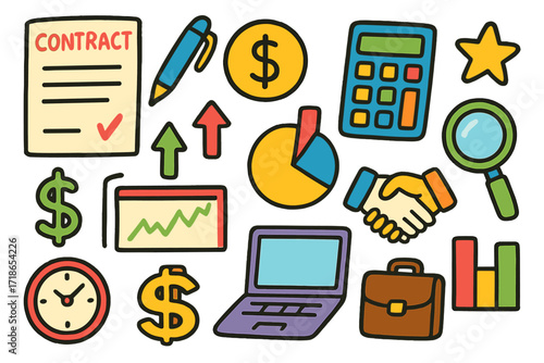 Doodle Financial Elements. Colorful Hand-drawn doodle Children illustration Derivative contracts [contract paper, pen, coin,