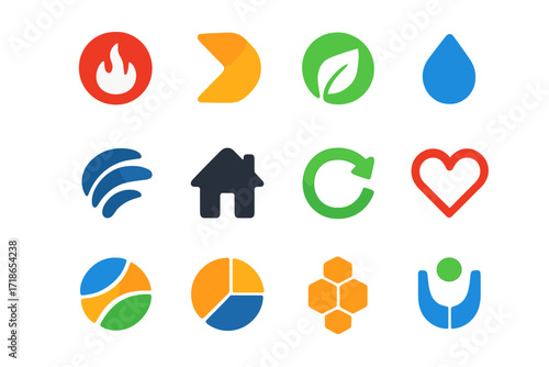 Grid of Logos. All logos equally spaced in a 3×4 grid (4 per row). Uniform logo size. No text. Transparent background. Isolated