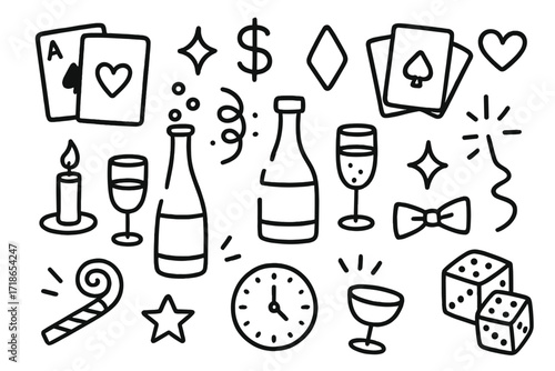 Blackjack Party Icons. Hand-drawn doodle illustration Blackjack and bubbly card deck, champagne bottle, dollar symbol, candle, confetti swirl, drink glass,