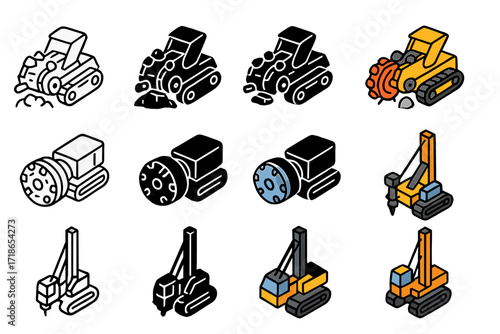Mining Equipment Icon Set. Icon Set of Mining Equipment Hazards: Rock crusher, Tunnel borer, Drill rig. Icons set in vector style, emblematic variations. Rock