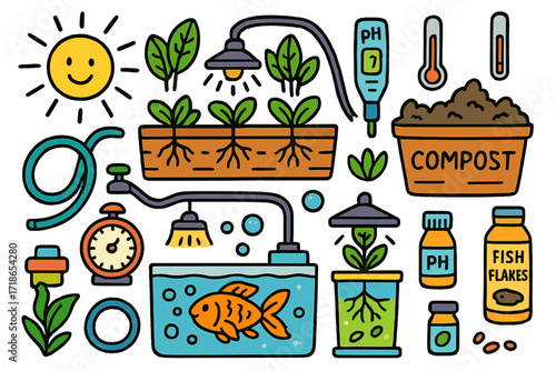 Aquaponics Backyard Doodle. Colorful Hand-drawn doodle Children illustration Backyard aquaponics goldfish, raised bed, green