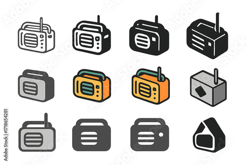 Portable Radio Logo Set. Set Logo of Portable Radio: Outdoor rugged radio. Logo set in vector style, emblematic variations. line, bold thick line, solid black