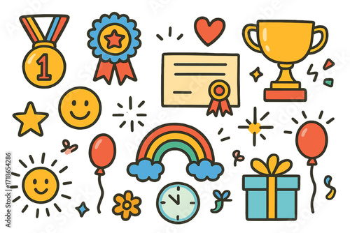 Children's Achievement Celebration. Colorful Hand-drawn doodle Children illustration Achievement Award [medal, ribbon, trophy, certificate, smiling face,