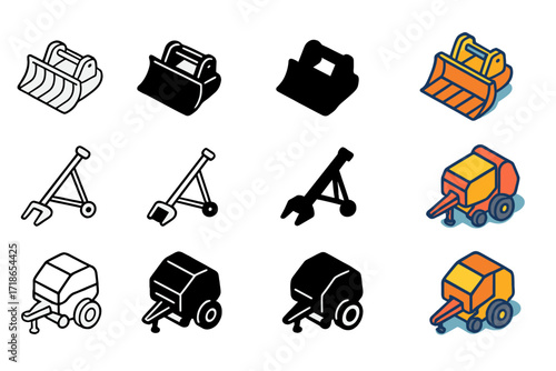 Agricultural Icons Collection. Icon Set of Agricultural Risks: Tractor blade, Grain auger, Hay baler. Icons set in vector style, emblematic variations. Tractor