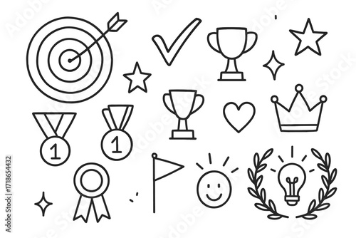Achievement Icons Doodle. Hand-drawn doodle illustration Target achieved [bullseye, arrow, checkmark, star, trophy, medal, ribbon, crown, sparkle, heart, flag,