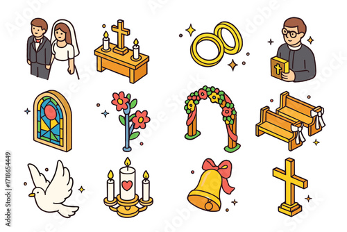 Wedding Ceremony Icons. Colorful isometric vector icons set of Church wedding ceremony: bride and groom, church altar, wedding rings, priest holding Bible,