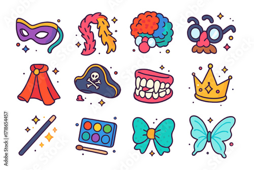 Costume Party Icons. Colorful isometric vector icons set of Costume Party Props: party mask, feather boa, clown wig, funny glasses