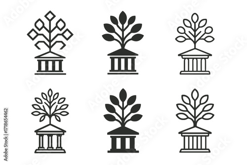 University Logo Designs. Universities. Set Logo of Universities: Knowledge tree. harmonious logo variations of the same emblematic concept, each with different