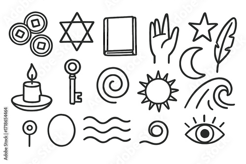 I Ching Symbols. Hand-drawn doodle illustration i ching divination coins, hexagram, book, hand, star, moon, sun, feather, incense stick, circle, candle, key,
