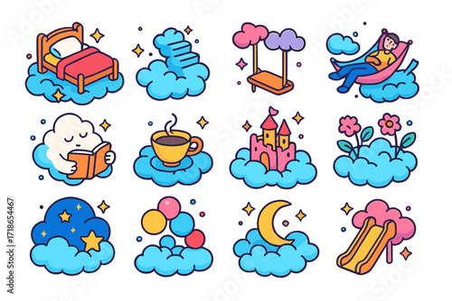 Dreamy Cloud Icons. Colorful isometric vector icons set of dreamy cloud scenes: floating cloud bed, cloud stairs, cloud swing, sky