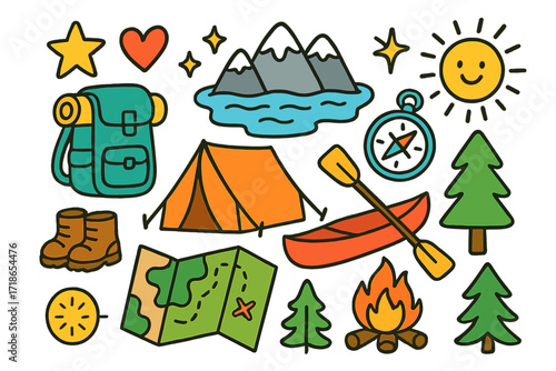 Colorful Adventure Doodles. Adventure trip. Colorful Hand-drawn doodle Children illustration tent, canoe, mountain, lake, backpack, compass, campfire, star,