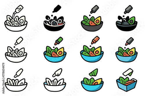 Colorful Salad Logo Variations. Set Logo of preparing a fresh salad with avocado, tomatoes, and greens: Balsamic vinegar drizzle.