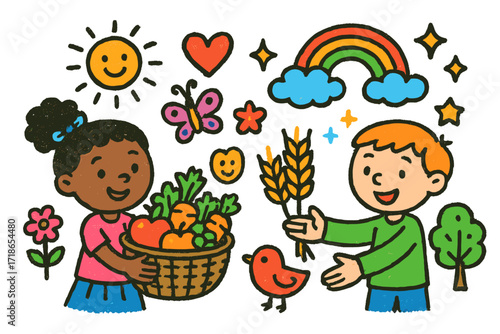 Children's Harvest Exchange. Colorful Hand-drawn doodle Children illustration Harvest Exchange children trading, basket of fruits, vegetables, wheat, rainbow,