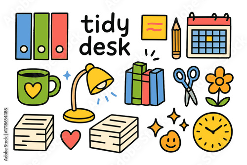 Colorful Desk Doodles. Colorful Hand-drawn doodle Children illustration Desk Organization tidy desk, folders, sticky notes, pencil