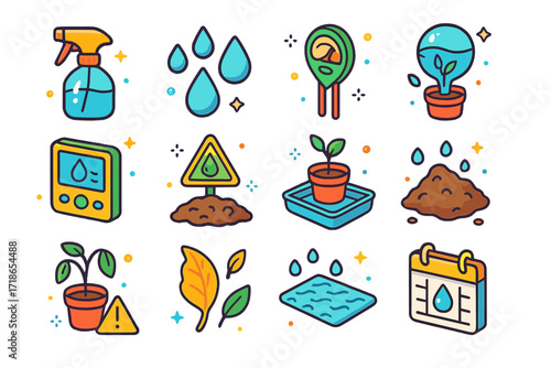 Plant Hydration Icons. Colorful isometric vector icons set of plant hydration and moisture: watering bottle, water droplets icon, moisture meter, self-watering