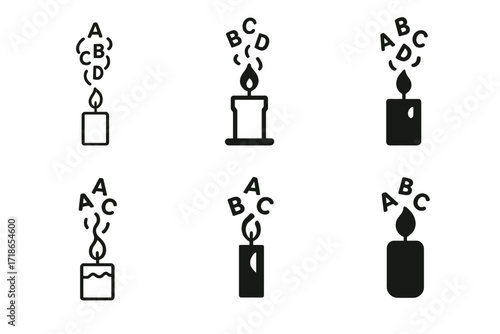 Visual Poetry Logos. Visual poetry. Set Logo of Visual poetry: candle with rising letters as smoke. harmonious logo variations of the same emblematic concept,