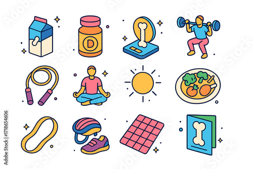 Bone Health Icons. Colorful isometric vector icons set of bone strengthening and prevention: milk carton, vitamin D bottle, bone