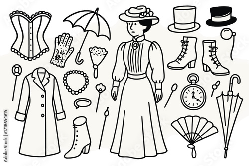 Edwardian Fashion Icons. Hand-drawn doodle illustration Edwardian fashion [corset, parasol, lace gloves, brooch, high-neck blouse,