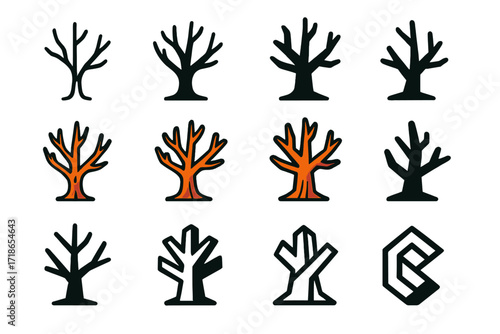 Colorful Barren Tree Logos. Set Logo of Barren Tree: Burnt Tree with Charred Limbs. Logo set in vector style, emblematic