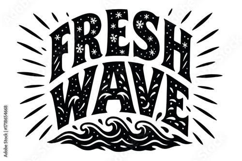 Snowflake Wave Lettering. Fresh Wave ? Decorative Display Lettering, arched letters filled with tiny snowflakes, waves, and droplets, framed with dynamic