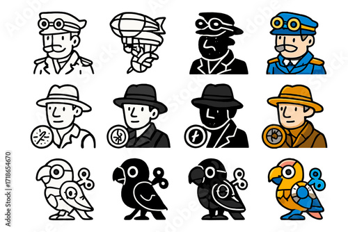 Steampunk Explorer Icons. Icon Set of Steampunk explorers: airship captain, adventurer with compass, mechanical parrot. Icons set in vector style, emblematic