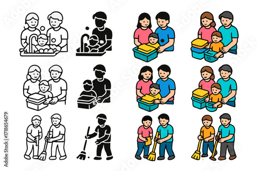 Family Chores Icon Set. Icon Set of Parents helping child with chores: washing dishes together, folding laundry, sweeping floor.