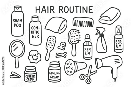 Hair Care Icons. Hair Routine. Hand-drawn doodle illustration hair routine shampoo, conditioner, towel, comb, brush, serum, spray bottle, diffuser, hairdryer,