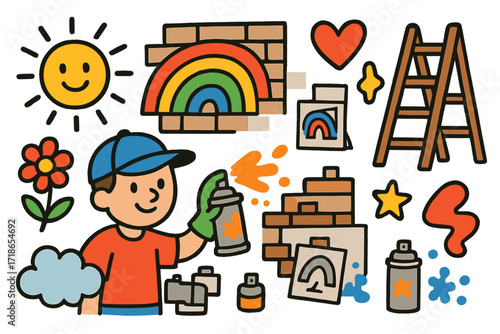Colorful Street Mural. Colorful Hand-drawn doodle Children illustration Street mural project spray paint, brick wall, stencil, rainbow, smiling artist, cap,