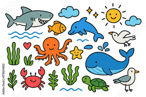 Ocean Life Doodle. Colorful Hand-drawn doodle Children illustration Ocean Predators shark, fish, dolphin, whale, octopus, crab,