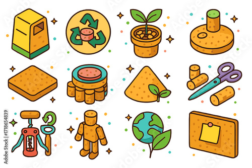 Cork Recycling Icons. Colorful isometric vector icons set of cork recycling and reuse: cork drop box, cork reuse label, eco badge,