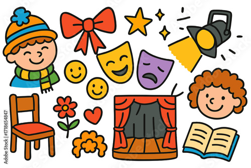 Theatrical Doodle Delight. Colorful Hand-drawn doodle Children illustration Character Creation funny hat, scarf, comedy mask,