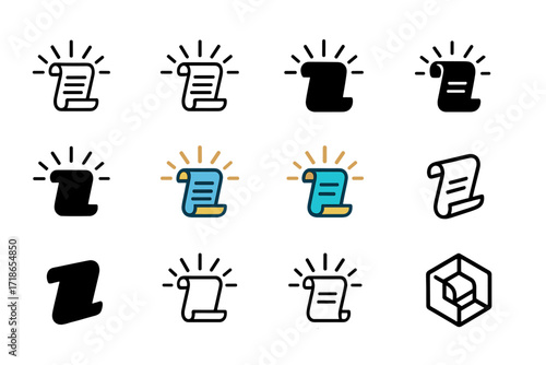 Knowledge Expansion Logos. Set Logo of Knowledge Expansion: ancient scroll with radiating lines. Logo set in vector style, emblematic variations. line, bold