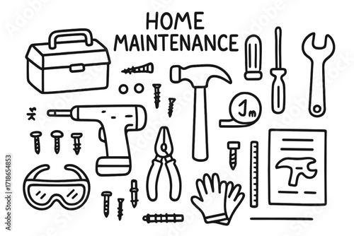 Home Maintenance Essentials. Hand-drawn doodle illustration Home maintenance toolkit toolbox, screwdriver, wrench, hammer, screws, drill, tape measure, level,